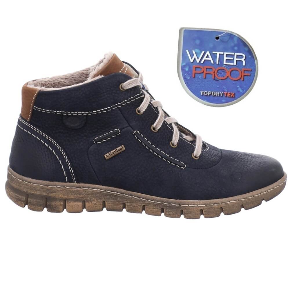A Josef Seibel navy blue mid-calf lace-up shoe with a brown sole and heel tab, featuring a circular 'Waterproof' sticker overlay on a white background.