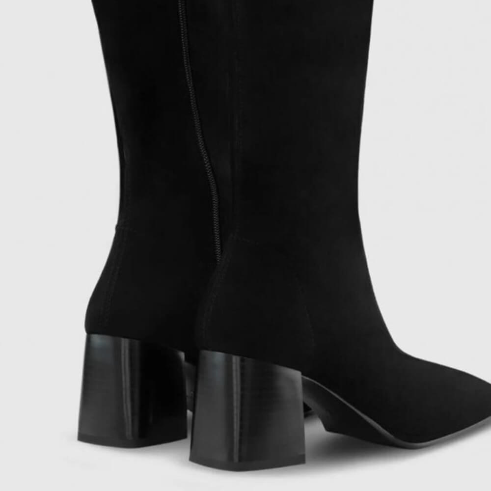 Black knee-high boots with block heels on a light gray background LODI A-HALBOR Knee High Boot Black