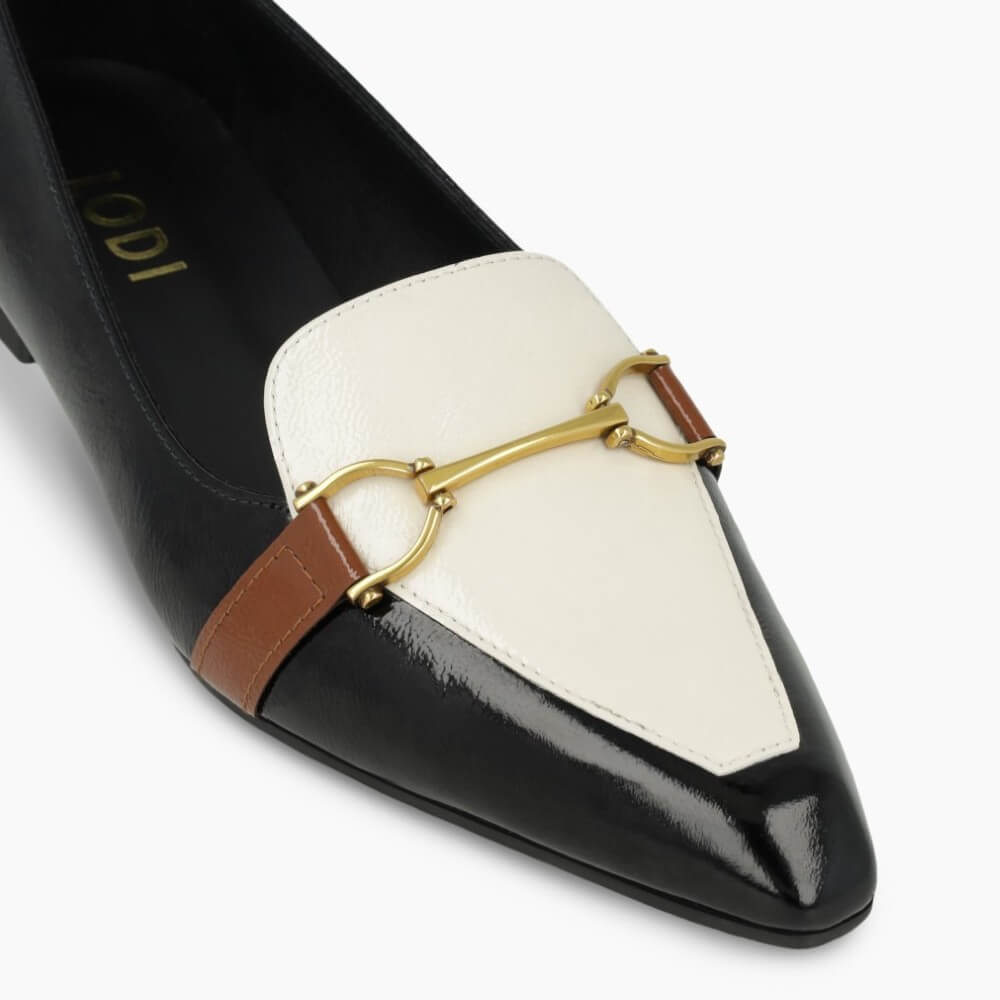 Black and white shoe with gold and brown strap on a white background LODI BED5530 Leather Loafer Black & Cream
