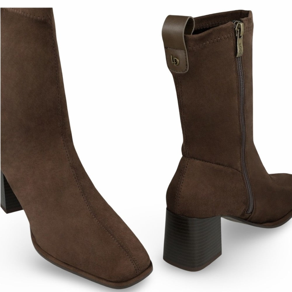 A pair of Lodi dark brown suede mid-calf boots with a block heel, shown from the side and back angles on a white background.