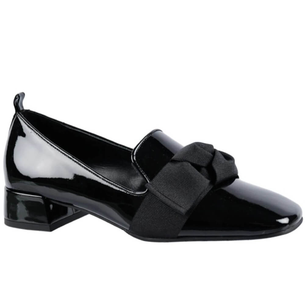 Black patent leather shoe with a bow on a white background Lodi BELGA Patent Leather Loafer-BLACK