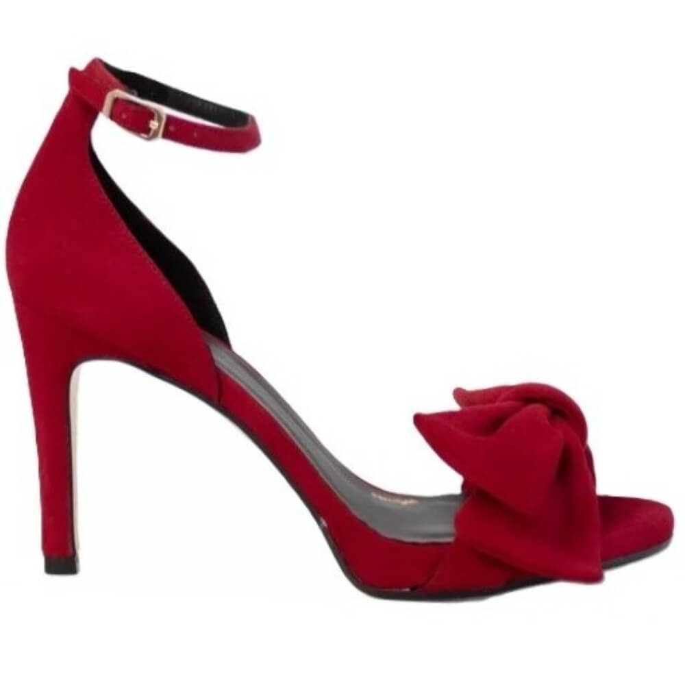 Scarlet Red high-heeled shoe with a bow and an ankle strap on a white background Lodi INGAL Heels in Scarlet Red