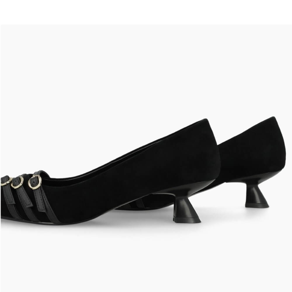 Black high-heeled shoe with decorative straps on a white background Lodi A-ROMA Black Suede Court Shoes
