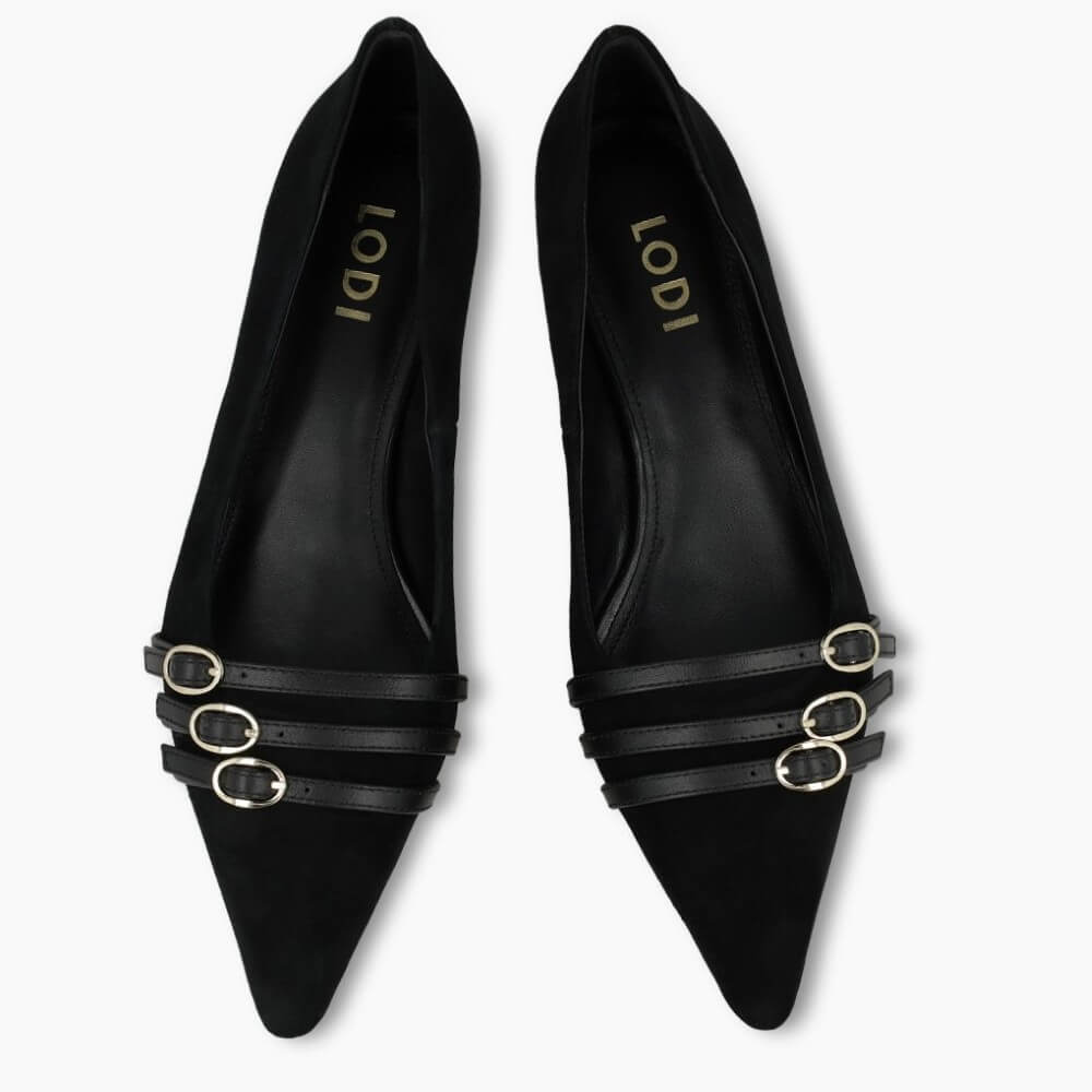 Black high-heeled shoe with decorative straps on a white background Lodi A-ROMA Black Suede Court Shoes