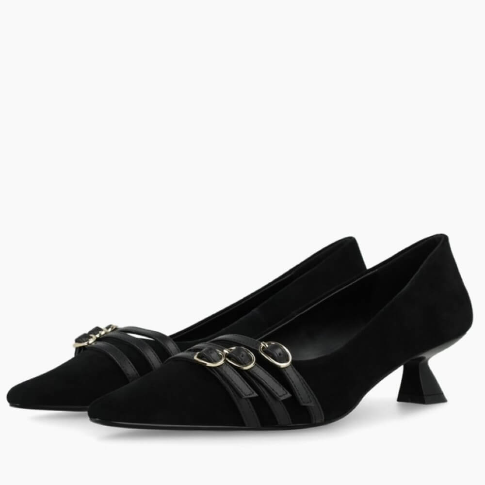 Black high-heeled shoe with decorative straps on a white background Lodi A-ROMA Black Suede Court Shoes