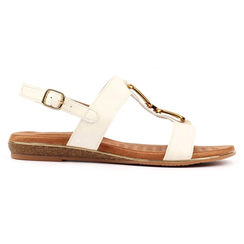 Lunar White sandal with gold buckle on a white background