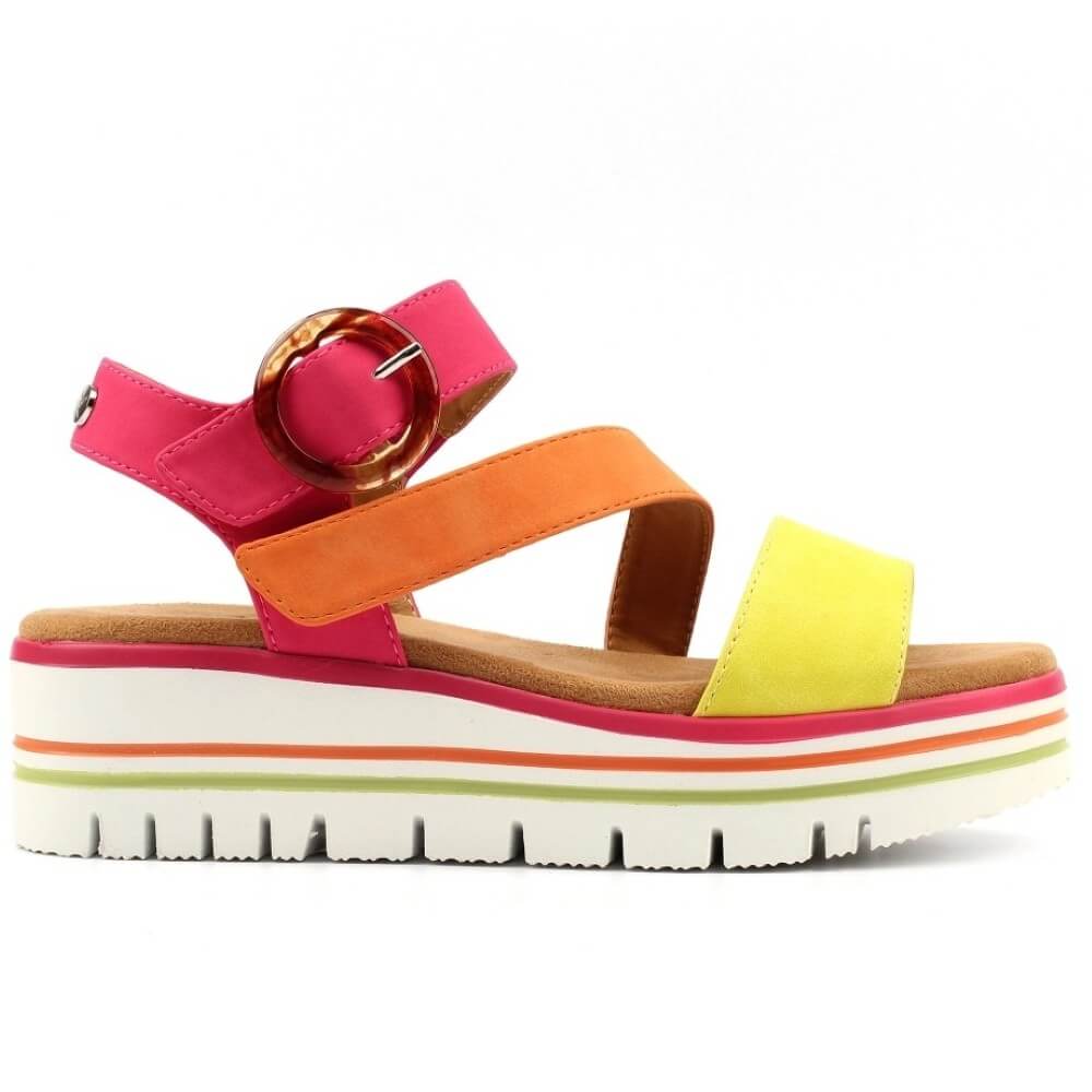 Lunar Colourful sandal with pink, orange, and yellow straps on a white background