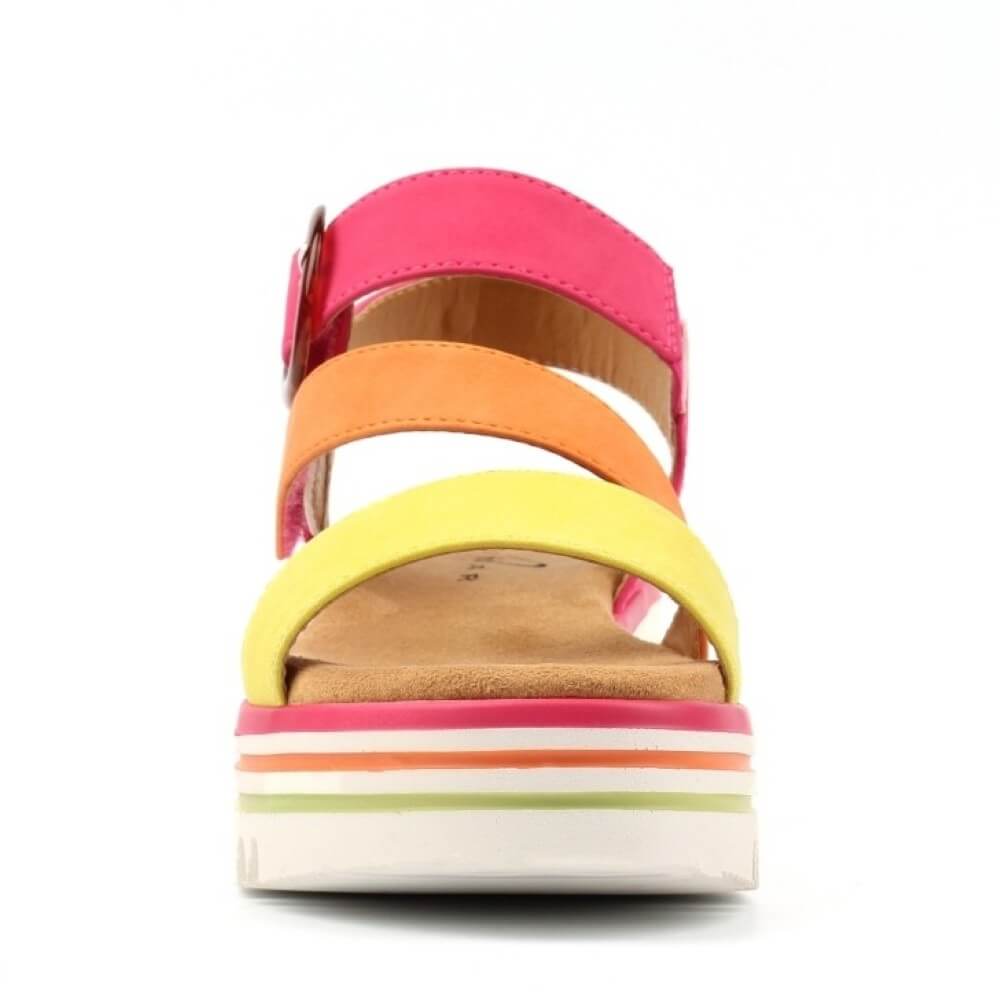 Lunar Colourful sandal with pink, orange, and yellow straps on a white background