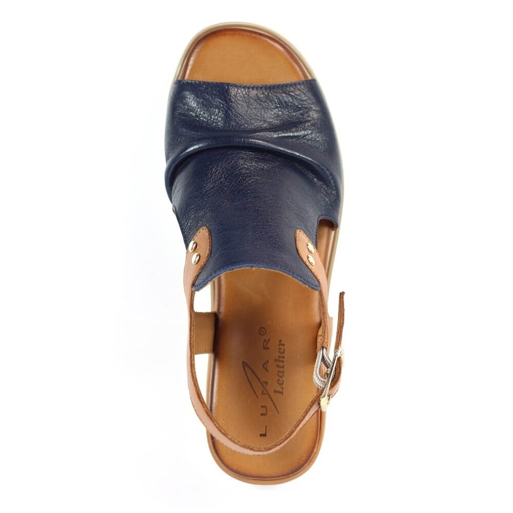 Lunar Navy sandal with brown straps on a white background