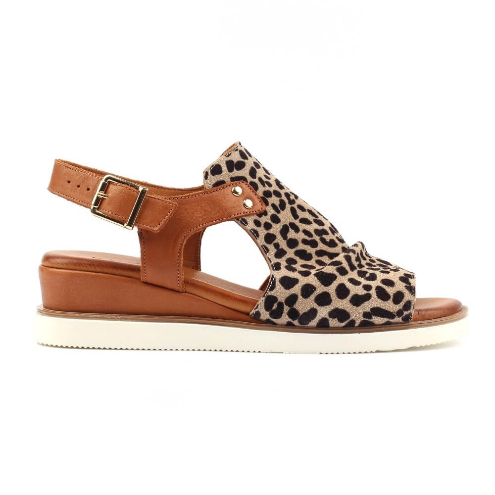 Lunar Leopard print sandal with brown straps on a white background