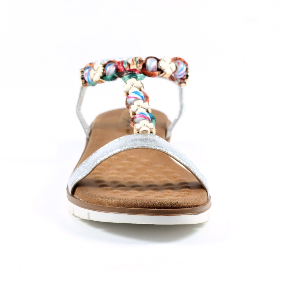 Lunar Silver sandal with colourful beaded strap on a white background