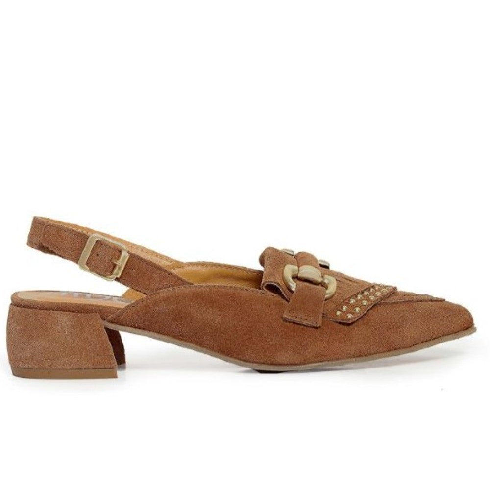 Pair of MJUS brown suede shoes with decorative straps on a white background