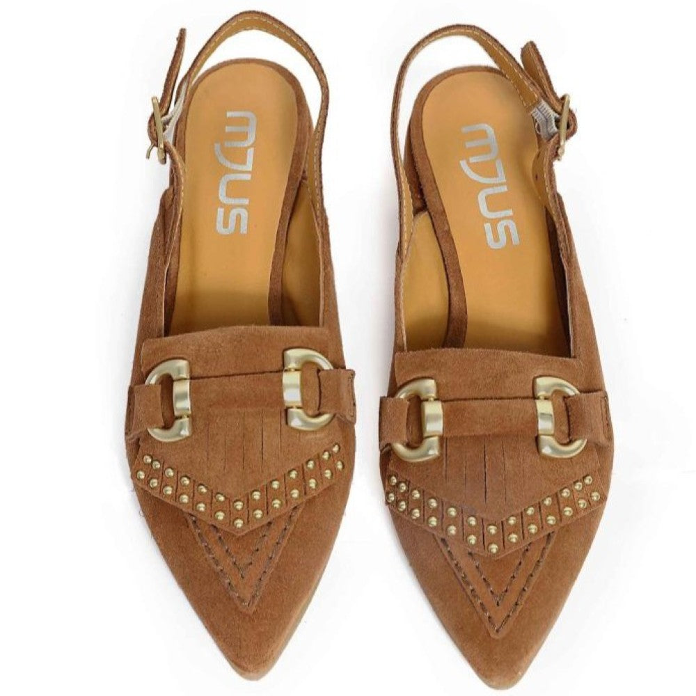 Pair of MJUS brown suede shoes with decorative straps on a white background