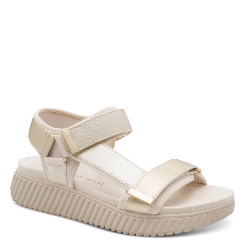 Marco Tozzi Gold and Beige sandal with a '100% vegan' tag on a white background