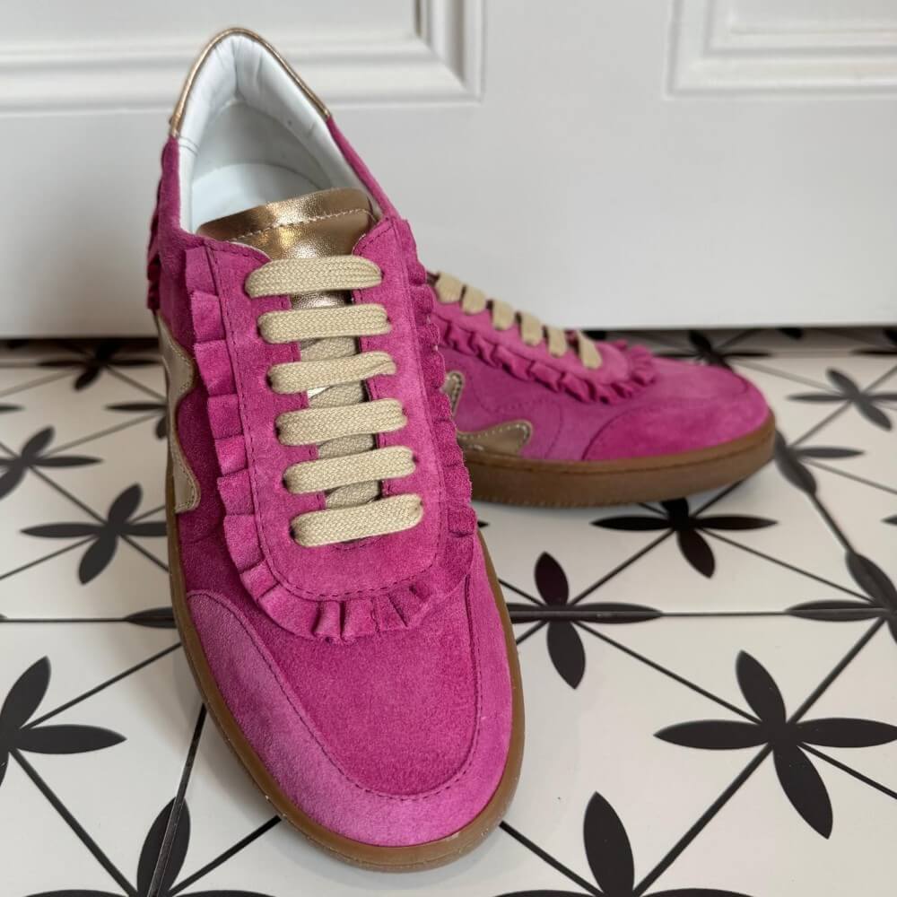 Marco Moreo Berlino Pink suede trainer with gum sole.