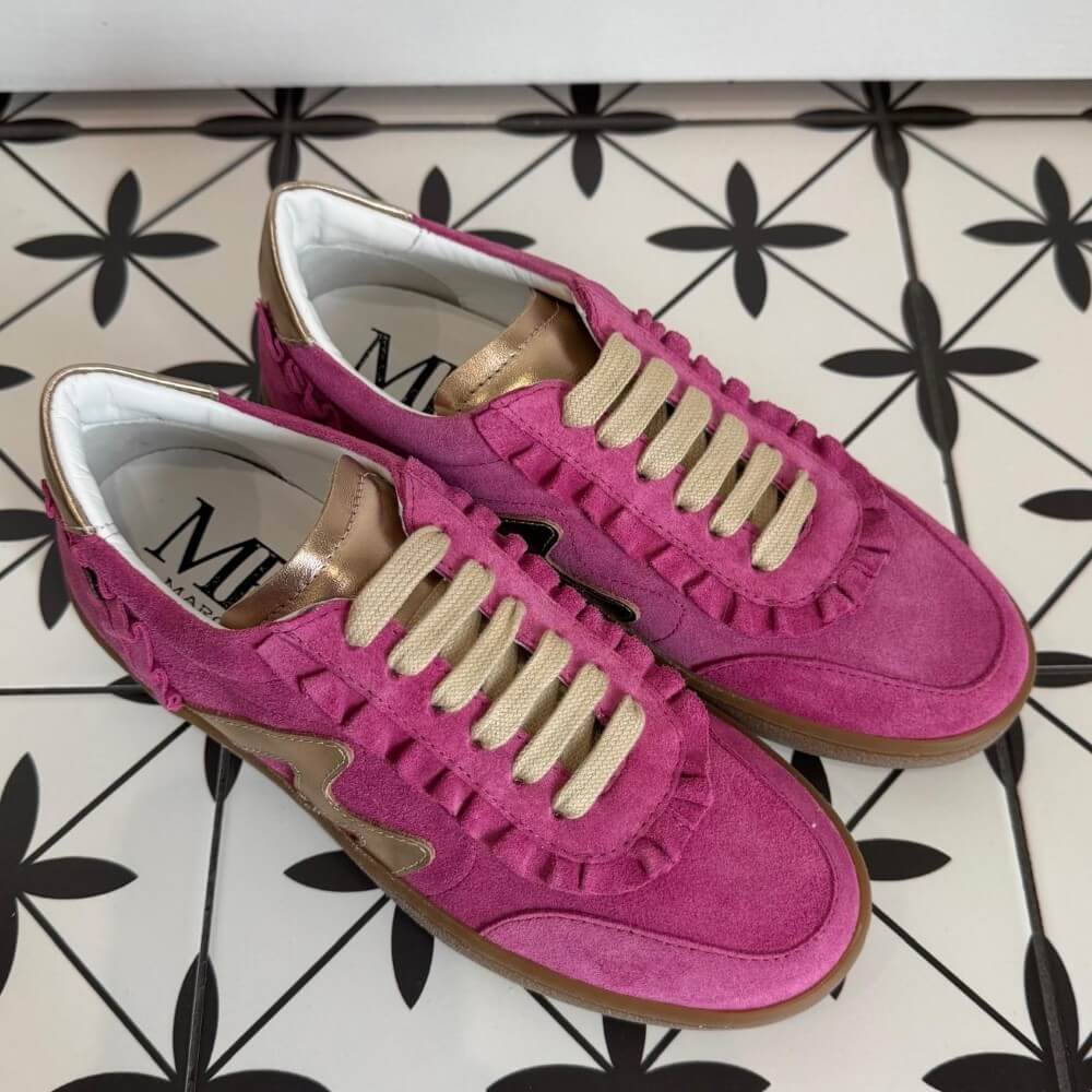 Marco Moreo Berlino Pink suede trainer with gum sole.