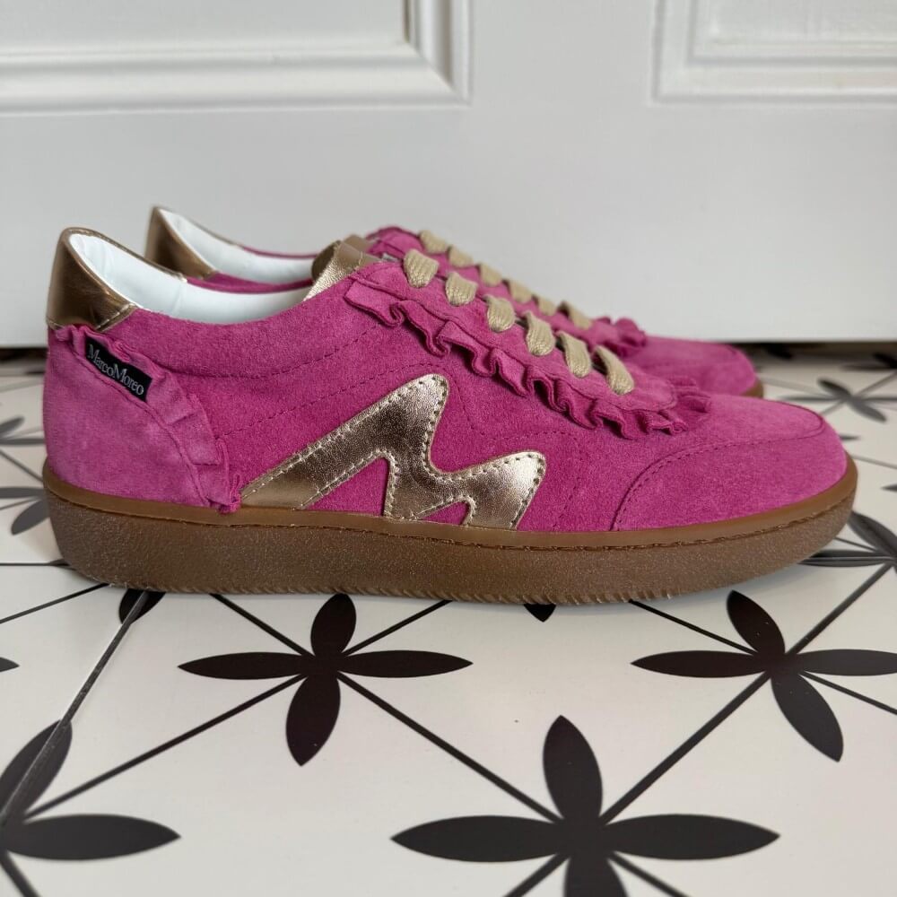 Marco Moreo Berlino Pink suede trainer with gum sole.