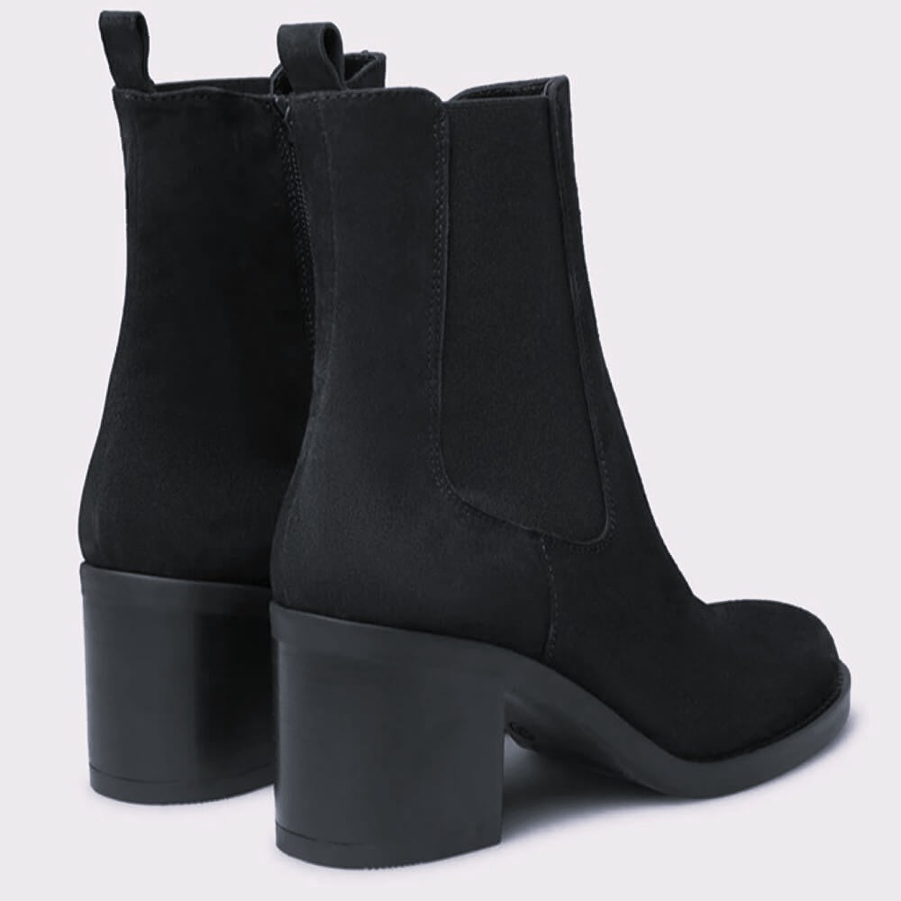 Black suede leather ankle boot with block heel on a white background marco moreo a102