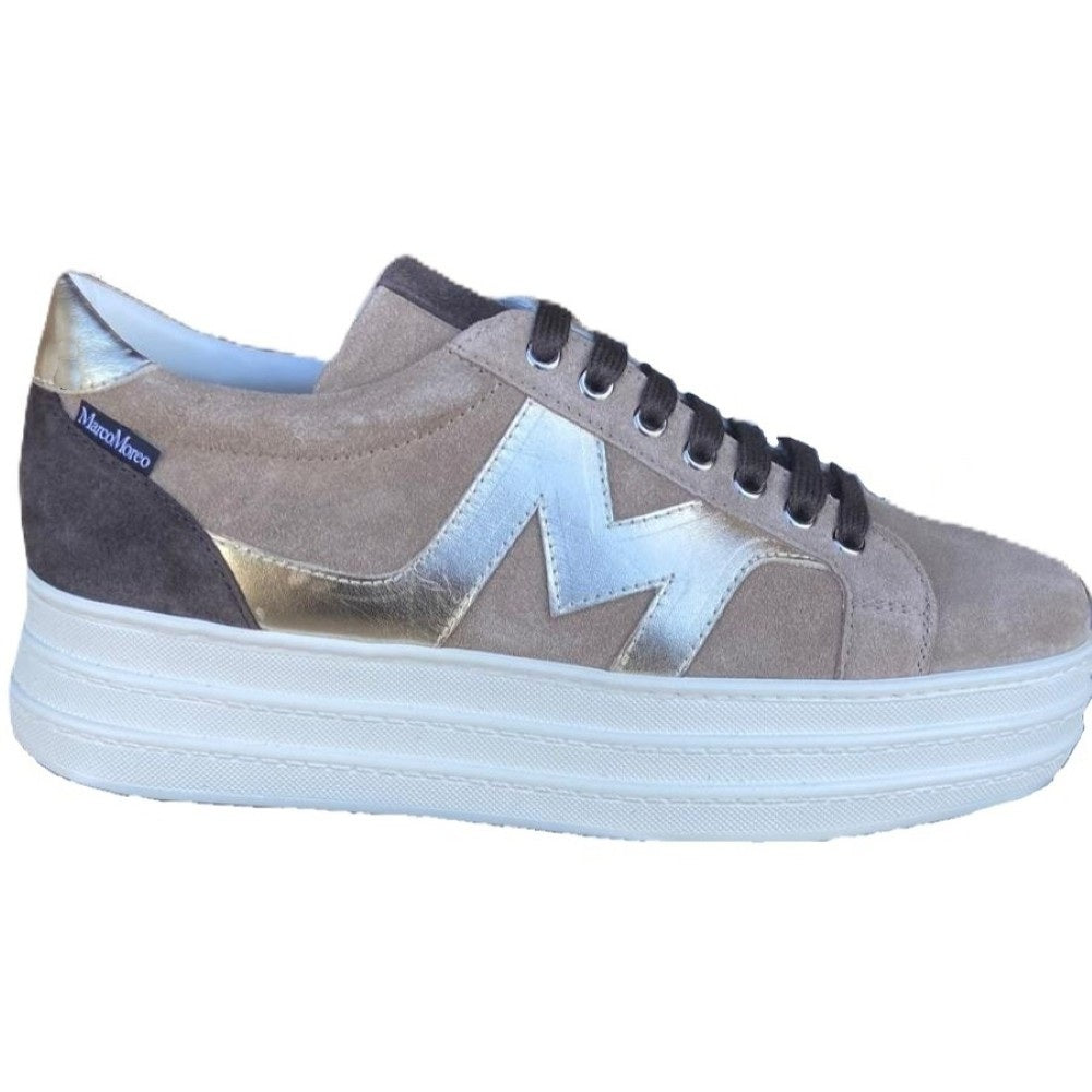 Marco Moreo Beige sneaker with Gold Metallic 'M' logo on a white background