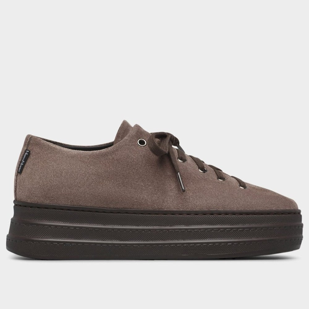 Marco Moreo low-top platform sneaker in a textured brown suede material with matching brown laces and a thick dark brown sole, shown from a side profile on a light grey background.