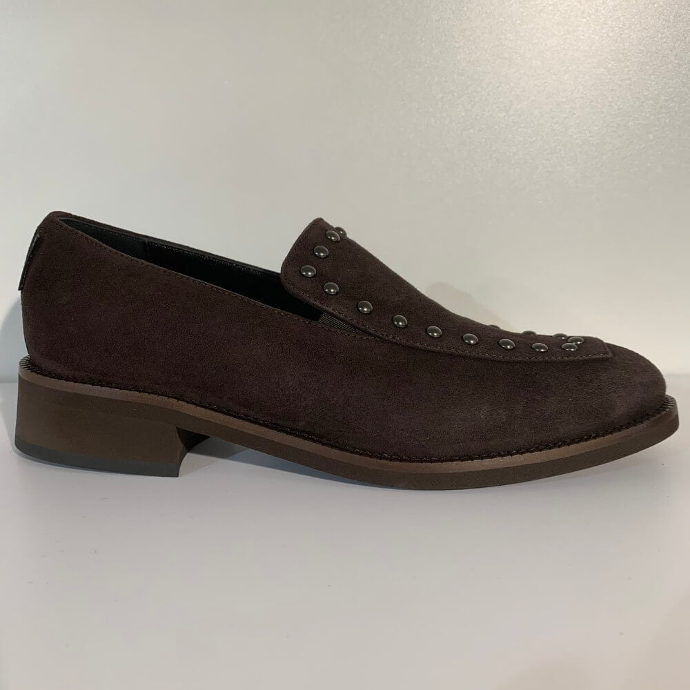 Brown loafer shoe with studs on a white background Marco Moreo Suede Loafer A070 Testa Di Moro Brown