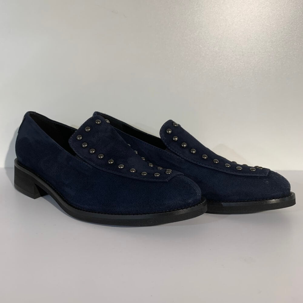 Navy blue loafer with studded details on a white background Marco Moreo Suede Loafer A070 Navy