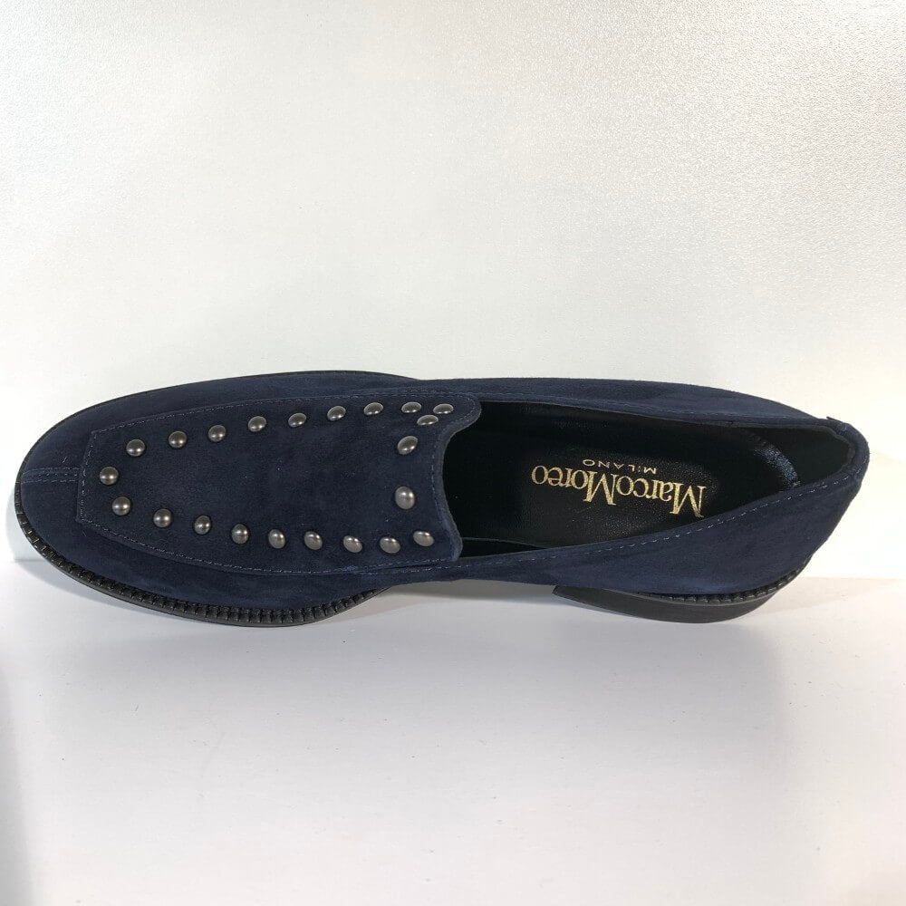 Navy blue loafer with studded details on a white background Marco Moreo Suede Loafer A070 Navy