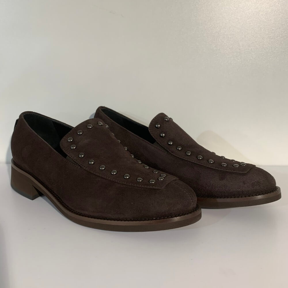 Brown loafer shoe with studs on a white background Marco Moreo Suede Loafer A070 Testa Di Moro Brown