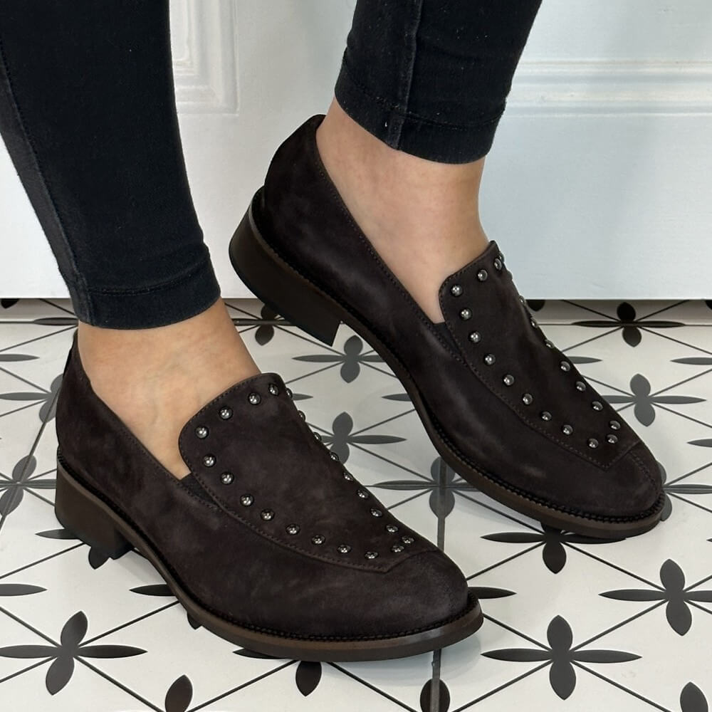 Brown suede loafers worn with black pants on a tiled floor Marco Moreo Suede Loafer A070 Testa Di Moro Brown