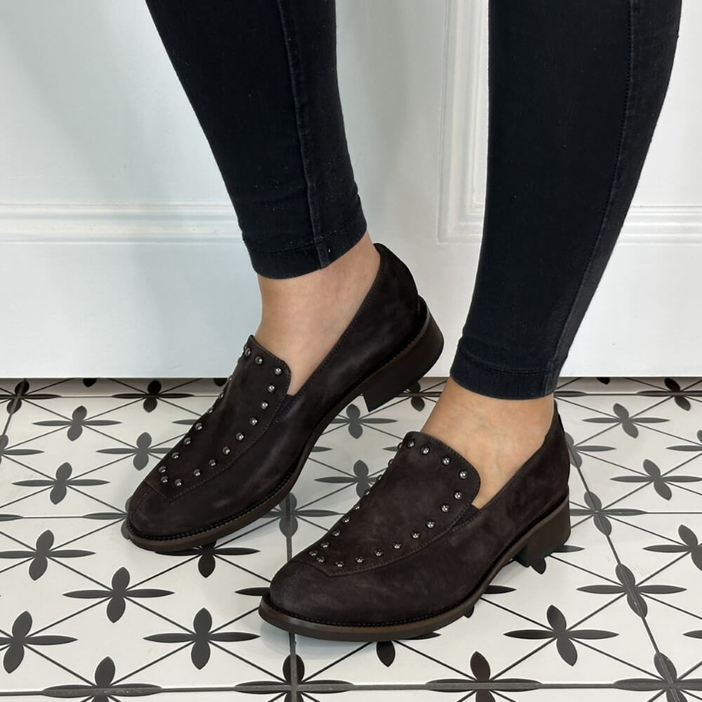 Brown suede loafers worn with black pants on a tiled floor Marco Moreo Suede Loafer A070 Testa Di Moro Brown