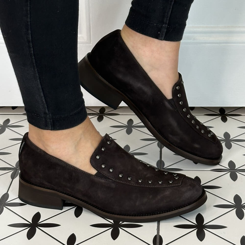 Brown suede loafers worn with black pants on a tiled floor Marco Moreo Suede Loafer A070 Testa Di Moro Brown