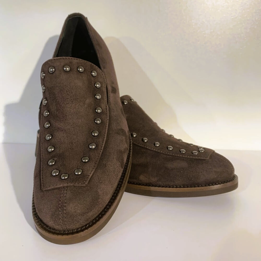 Brown loafer shoe with studs on a white background Marco Moreo Suede Loafer A070 Testa Di Moro Brown