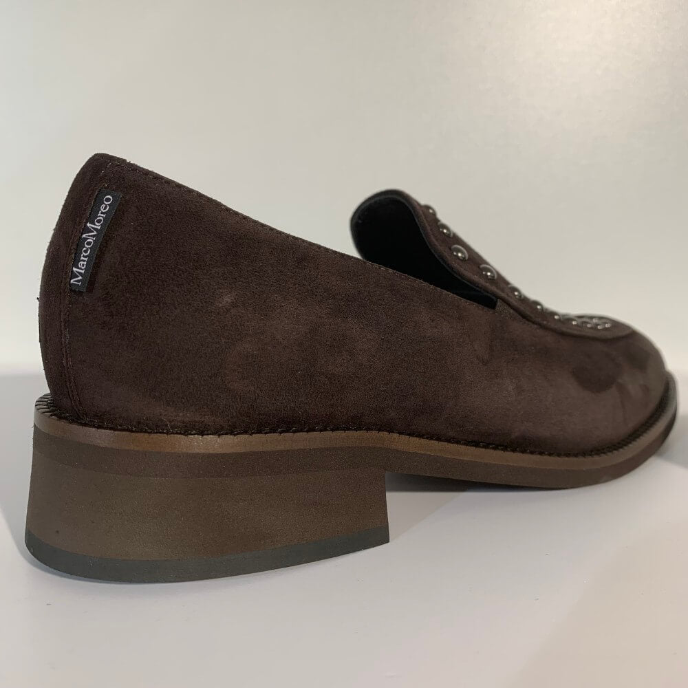 Brown loafer shoe with studs on a white background Marco Moreo Suede Loafer A070 Testa Di Moro Brown