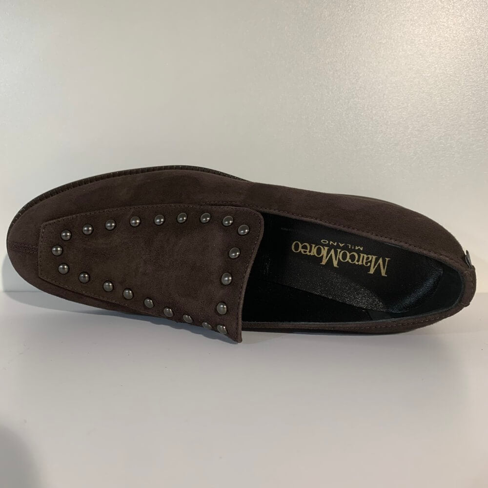 Brown loafer shoe with studs on a white background Marco Moreo Suede Loafer A070 Testa Di Moro Brown