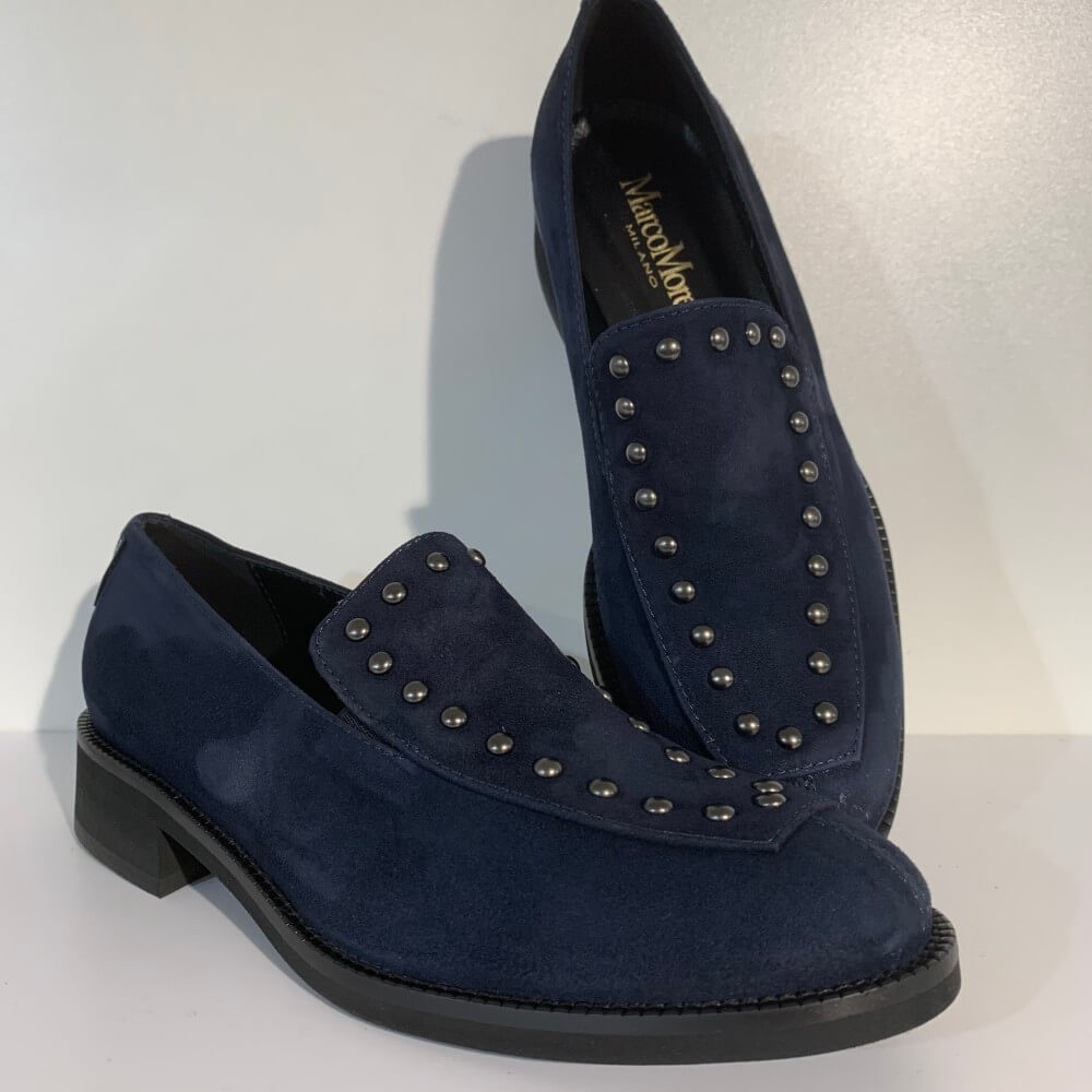 Navy blue loafer with studded details on a white background Marco Moreo Suede Loafer A070 Navy