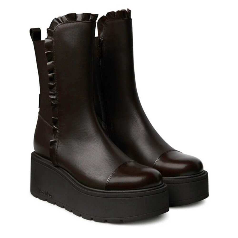 Pair of dark brown platform boots with ruffled details on a white background Brown Ankle Boot on a platform Sole Marco Moreo Vale Marlene AE4010