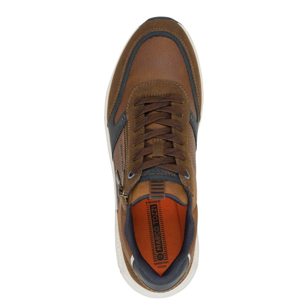 Marco Tozzi Brown sneaker with navy accents on a white background