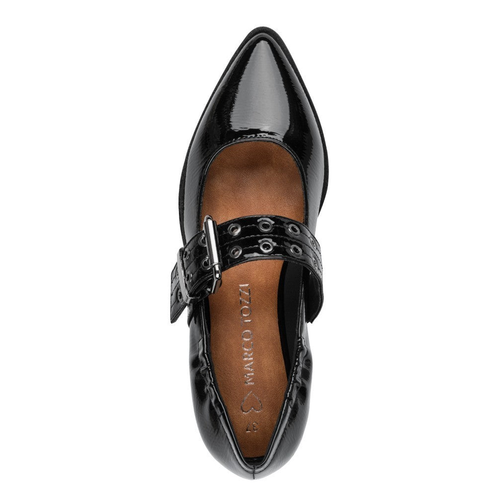 Black patent leather shoe with metallic buckle and '100% Vegan' label on a white background Marco Tozzi 2-22128 Mary Jane Vegan Black