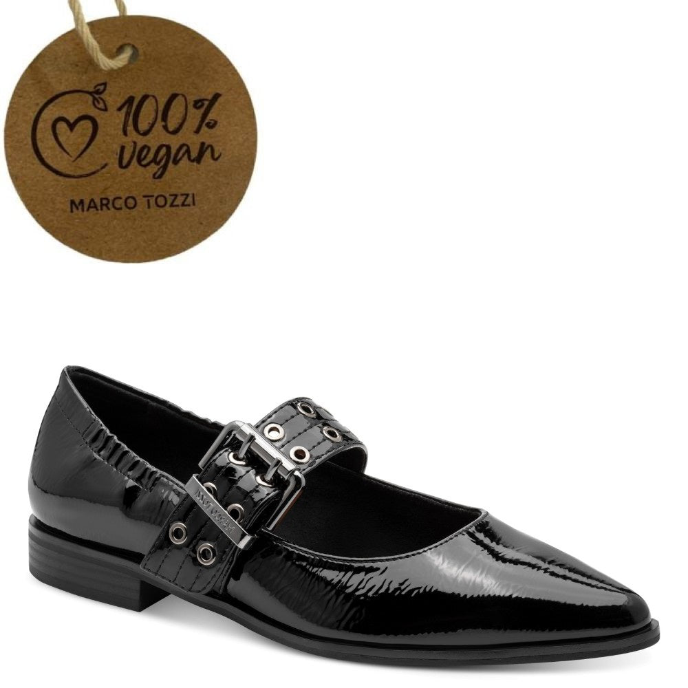 Black patent leather shoe with a brown tag indicating '100% vegan' by Marco Tozzi on a white background.