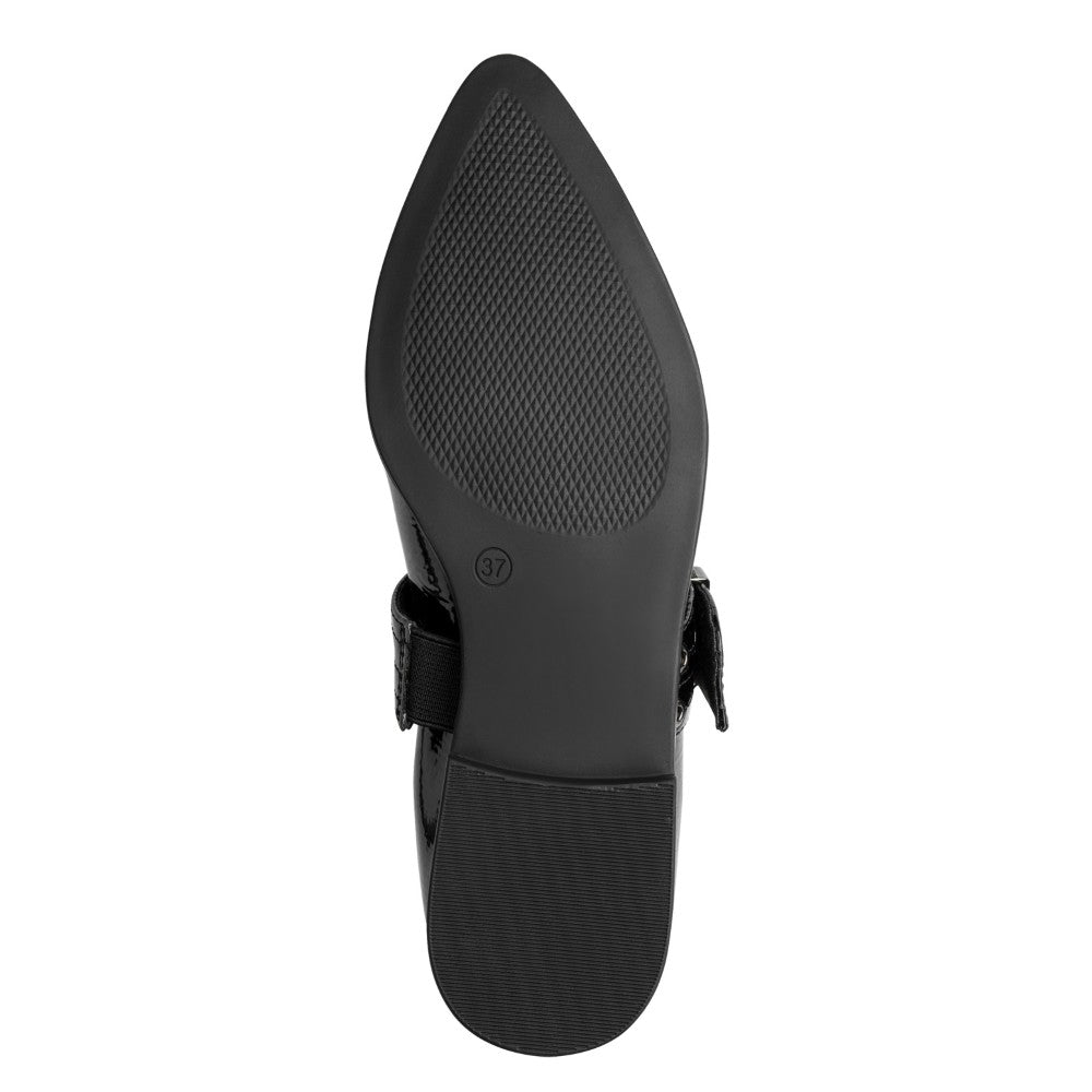 Black shoe with a buckle on a white background