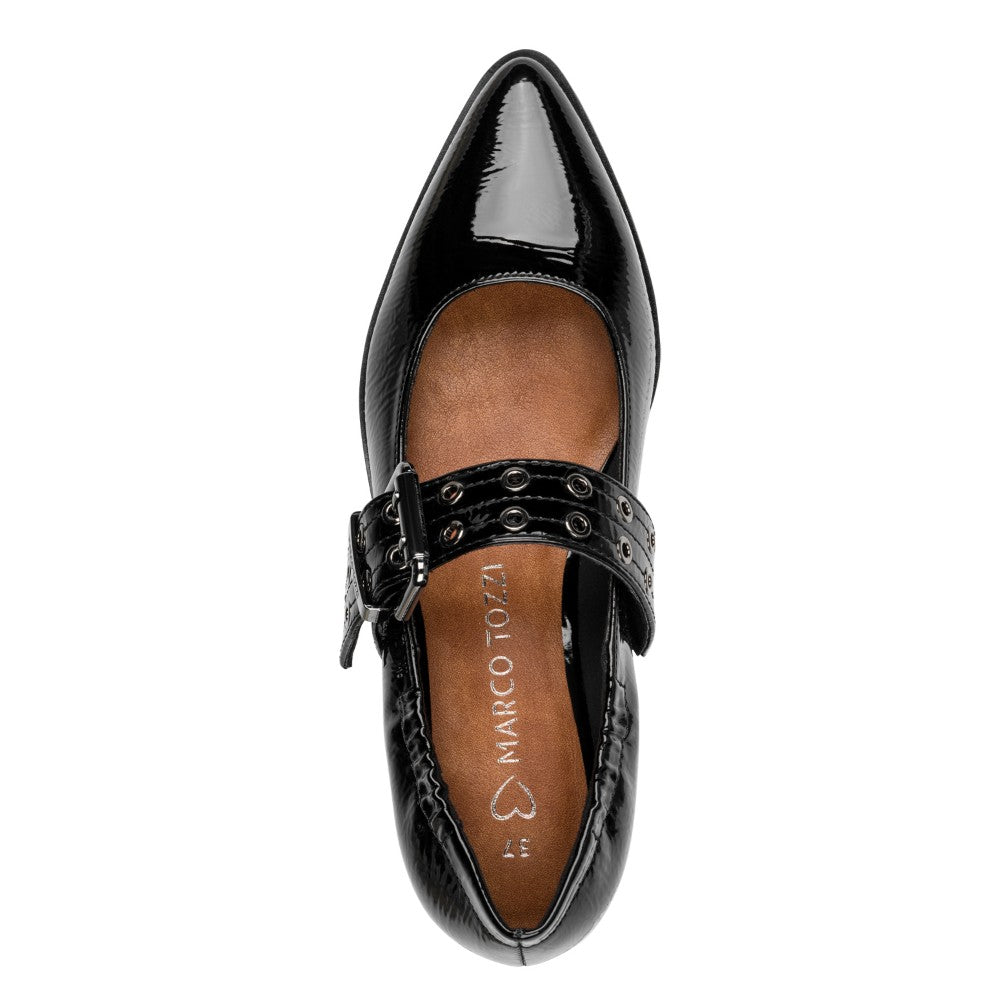 Black patent leather shoe with a strap and 'Marco Tozzi' branding on a white background