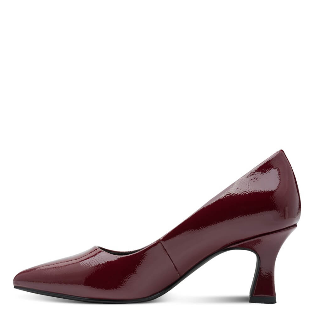 A single women's pump shoe in glossy burgundy patent leather, shown from a side profile against a plain white background.