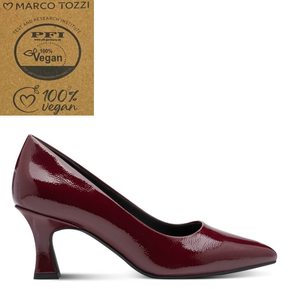 A Marco Tozzi high-heeled pump in glossy deep burgundy patent vegan leather, shown in side profile on a white background. badge for Marco Tozzi PFI 100% Vegan is displayed in the top-left corner.