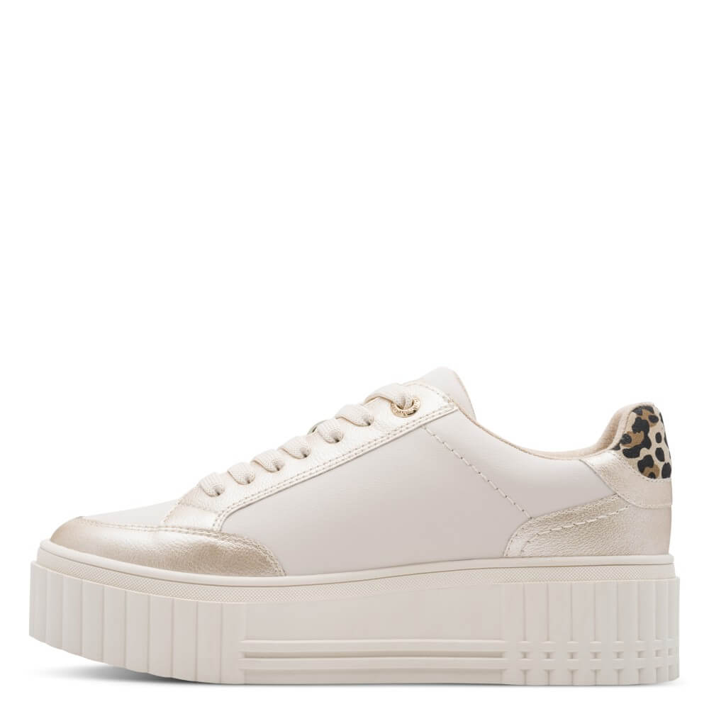 Marco Tozzi Vegan Platform Trainer Cream, laced with a zip on a white background