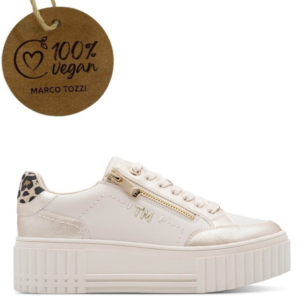 Marco Tozzi Vegan Platform Trainer Cream, laced with a zip on a white background