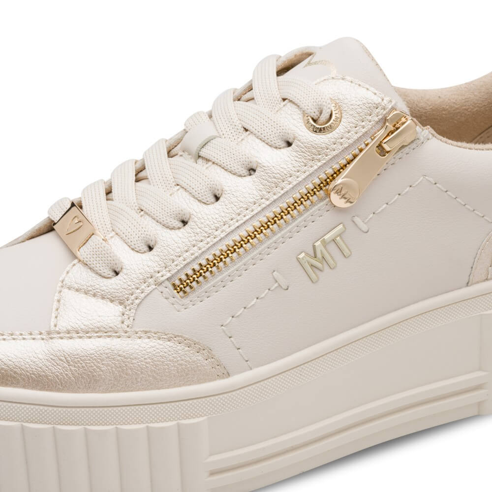 Marco Tozzi Vegan Platform Trainer Cream, laced with a zip on a white background