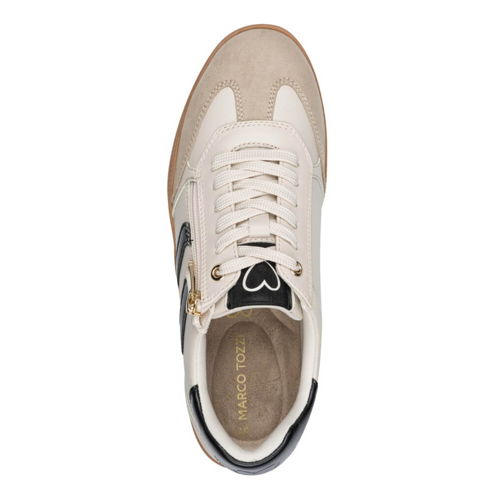 Marco Tozzi Ivory sneaker with black accents and brown sole