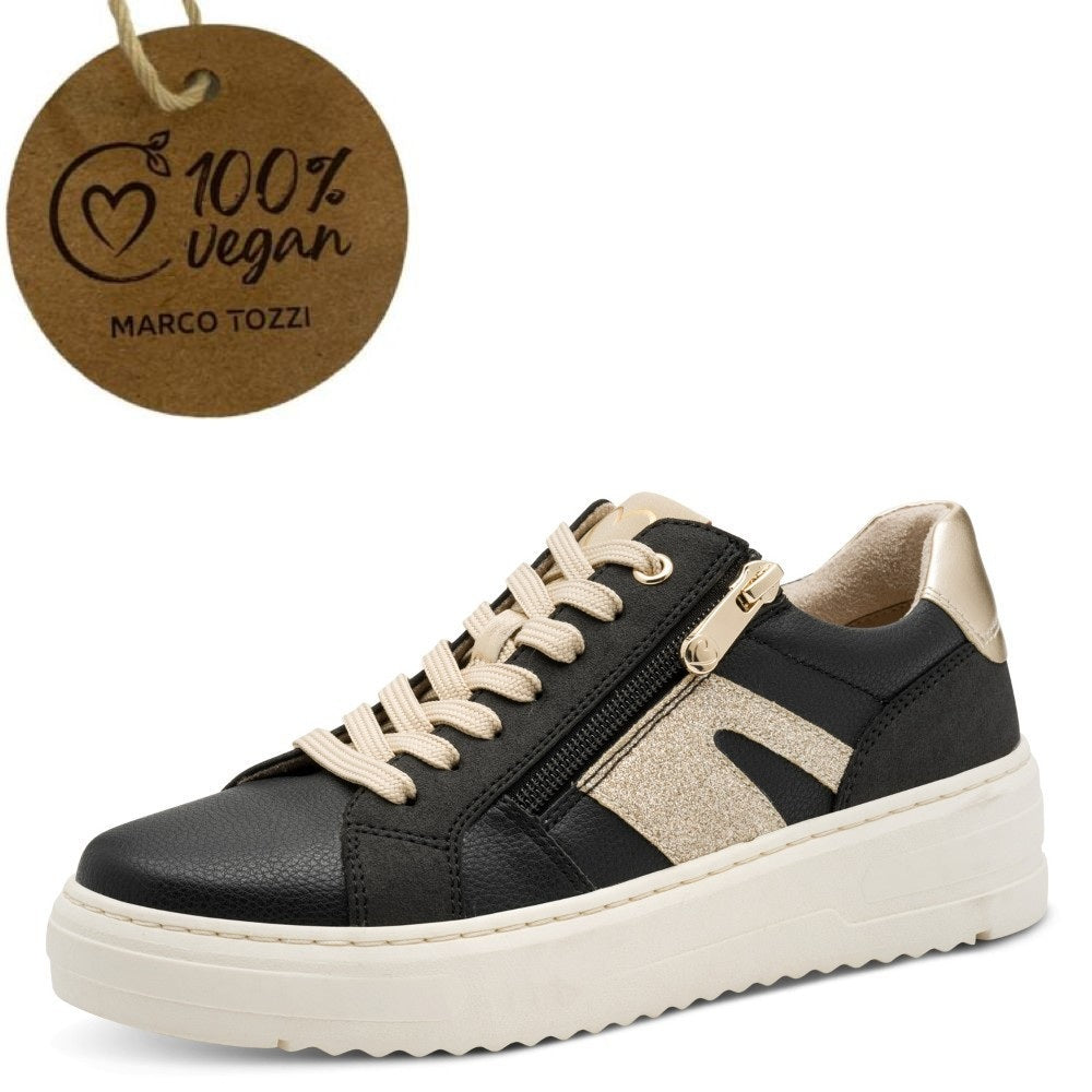 Black and beige sneaker with a '100% Vegan' label on a white background Marco Tozzi 2-23750 Vegan Sneaker Black