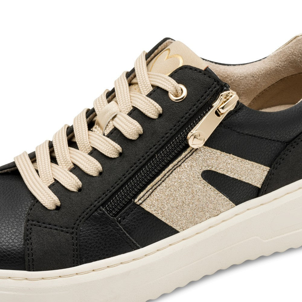 Black and beige sneaker with a '100% Vegan' label on a white background Marco Tozzi 2-23750 Vegan Sneaker Black