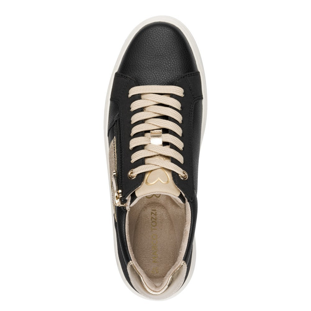 Black and beige sneaker with a '100% Vegan' label on a white background Marco Tozzi 2-23750 Vegan Sneaker Black